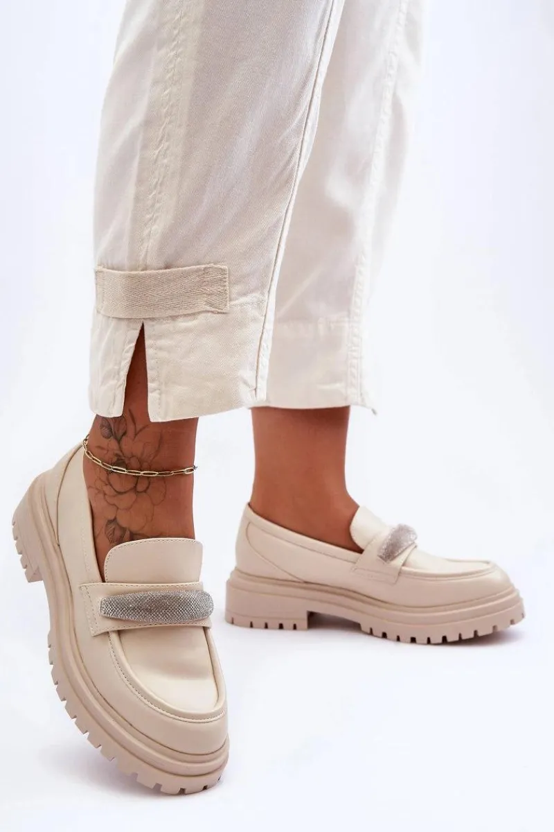 Mokasyny Damskie Skórzane|Mokasyny Na Platformie>Boto Masywne Skórzane Mokasyny Z Ozdobą Beżowe Aricka