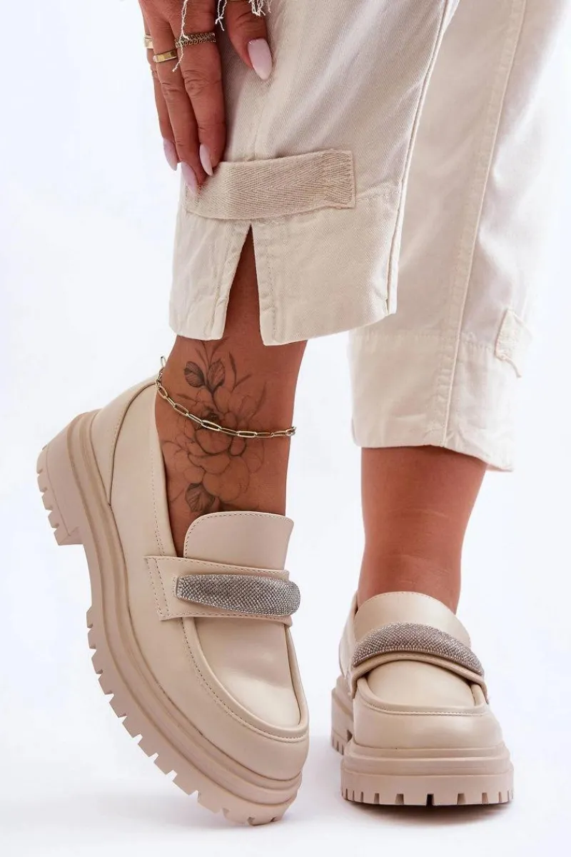 Mokasyny Damskie Skórzane|Mokasyny Na Platformie>Boto Masywne Skórzane Mokasyny Z Ozdobą Beżowe Aricka