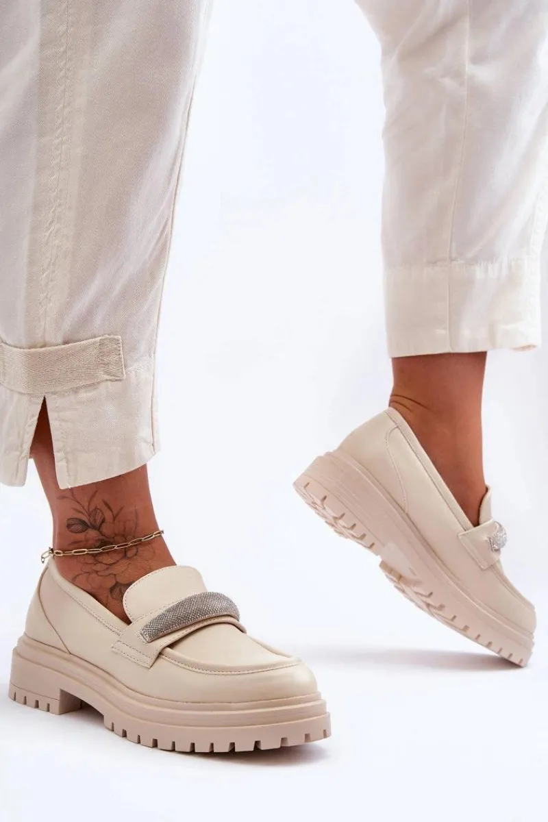 Mokasyny Damskie Skórzane|Mokasyny Na Platformie>Boto Masywne Skórzane Mokasyny Z Ozdobą Beżowe Aricka