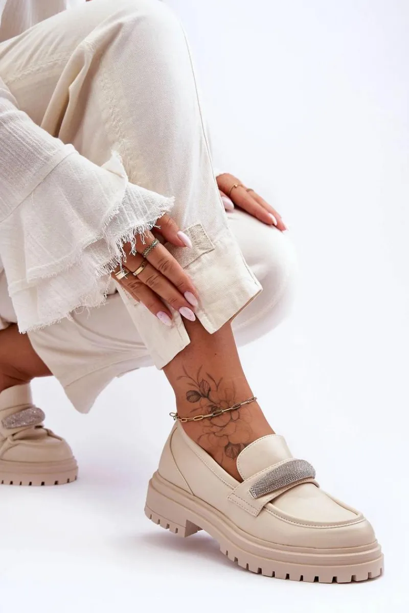 Mokasyny Damskie Skórzane|Mokasyny Na Platformie>Boto Masywne Skórzane Mokasyny Z Ozdobą Beżowe Aricka