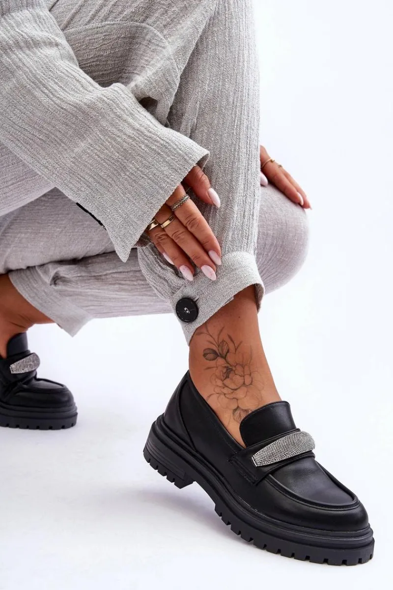 Boto Masywne Skórzane Mokasyny Z Ozdobą Czarne Aricka