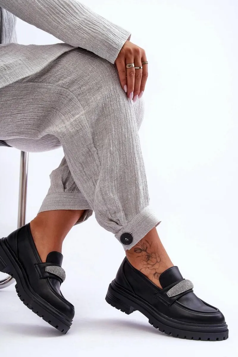 Boto Masywne Skórzane Mokasyny Z Ozdobą Czarne Aricka