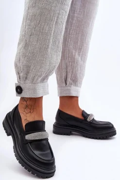 Boto Masywne Skórzane Mokasyny Z Ozdobą Czarne Aricka