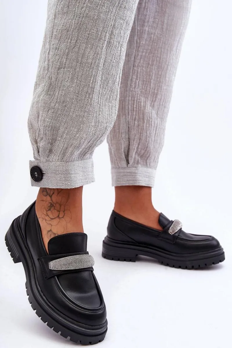 Boto Masywne Skórzane Mokasyny Z Ozdobą Czarne Aricka