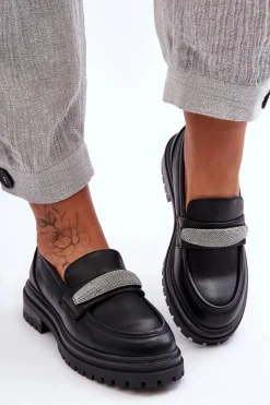 Boto Masywne Skórzane Mokasyny Z Ozdobą Czarne Aricka