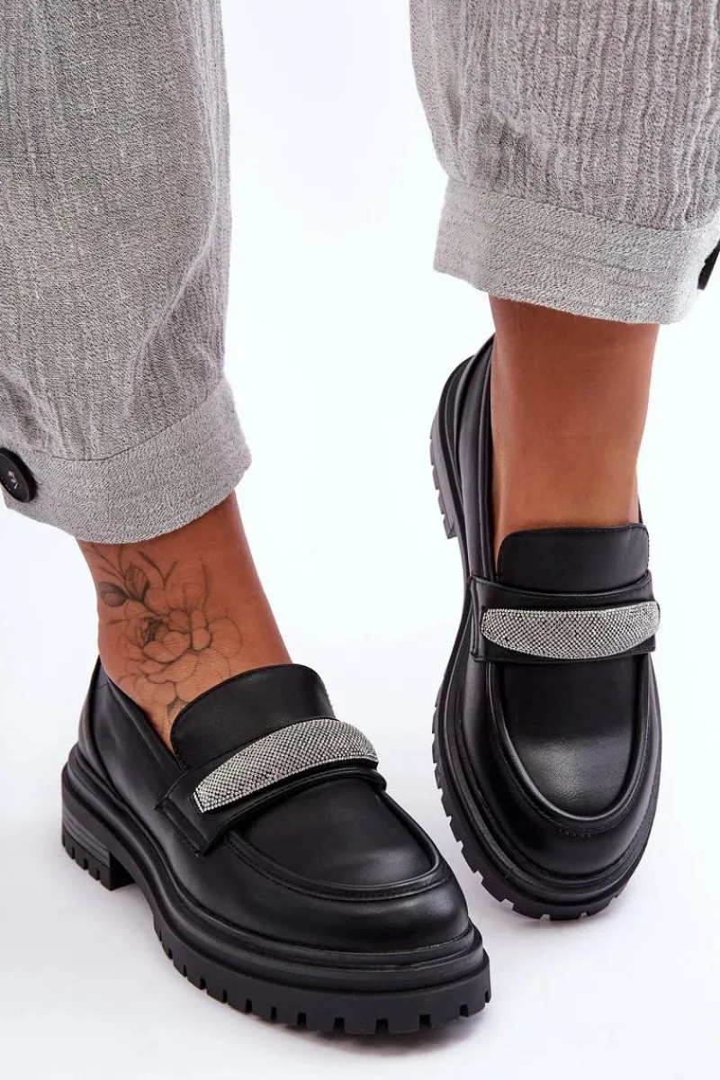 Boto Masywne Skórzane Mokasyny Z Ozdobą Czarne Aricka