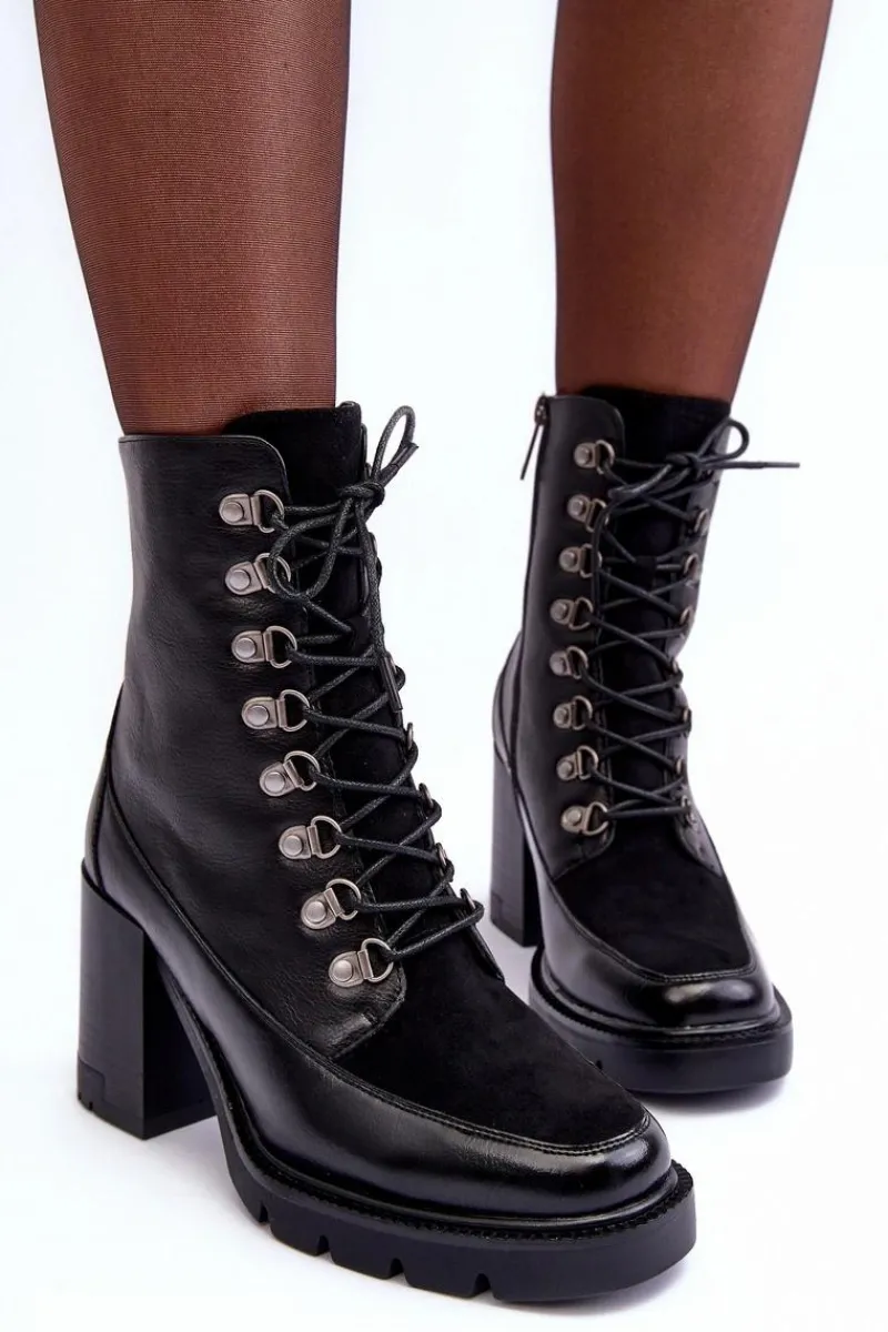 Hot Buty damskie Vinceza Masywne Sznurowane Botki Na Słupku Czarne Lathia