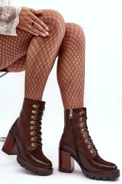 New Masywne Sznurowane Botki Na Słupku Brązowe Lathia Damskie Botki Na Słupku|Brązowe I Beżowe Botki