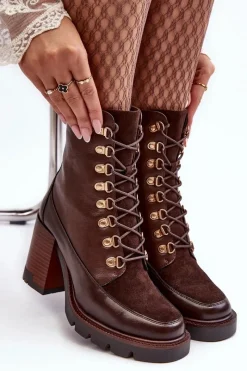 New Masywne Sznurowane Botki Na Słupku Brązowe Lathia Damskie Botki Na Słupku|Brązowe I Beżowe Botki
