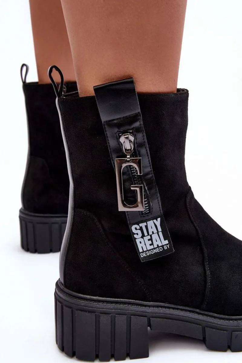 Best Boto Masywne Zamszowe Botki Damskie Na Płaskim Obcasie Czarne Lunai