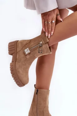 Clearance Masywne Zamszowe Botki Damskie Na Płaskim Obcasie Beżowe Lunai Damskie Botki Zimowe Damskie|Brązowe I Beżowe Botki