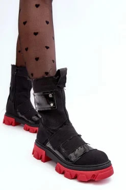 Materiałowe Botki Damskie Na Suwak Czarne Elinare Damskie Botki Sznurowane|Czarne Botki