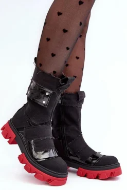 Materiałowe Botki Damskie Na Suwak Czarne Elinare Damskie Botki Sznurowane|Czarne Botki