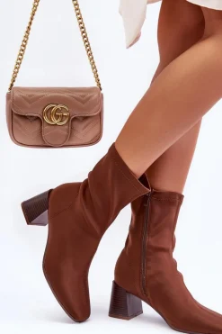 Hot Materiałowe Botki Na Suwak Brązowe Amisa Damskie Botki Wiosenne|Botki Na Słupku