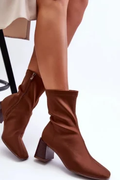 Hot Materiałowe Botki Na Suwak Brązowe Amisa Damskie Botki Wiosenne|Botki Na Słupku