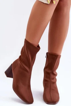 Hot Materiałowe Botki Na Suwak Brązowe Amisa Damskie Botki Wiosenne|Botki Na Słupku