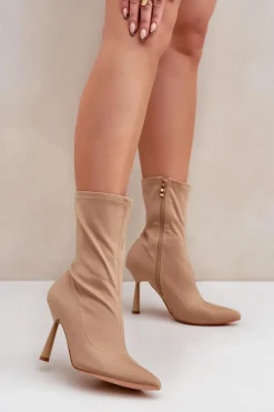 Clearance Materiałowe Botki Na Szpilce Ciemnobeżowe Amune Damskie Brązowe I Beżowe Botki|Botki Na Obcasie