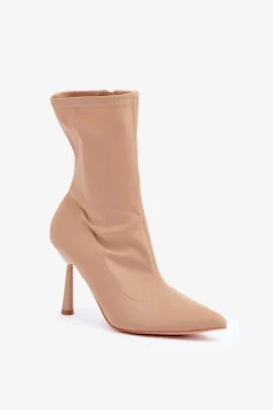Clearance Materiałowe Botki Na Szpilce Ciemnobeżowe Amune Damskie Brązowe I Beżowe Botki|Botki Na Obcasie