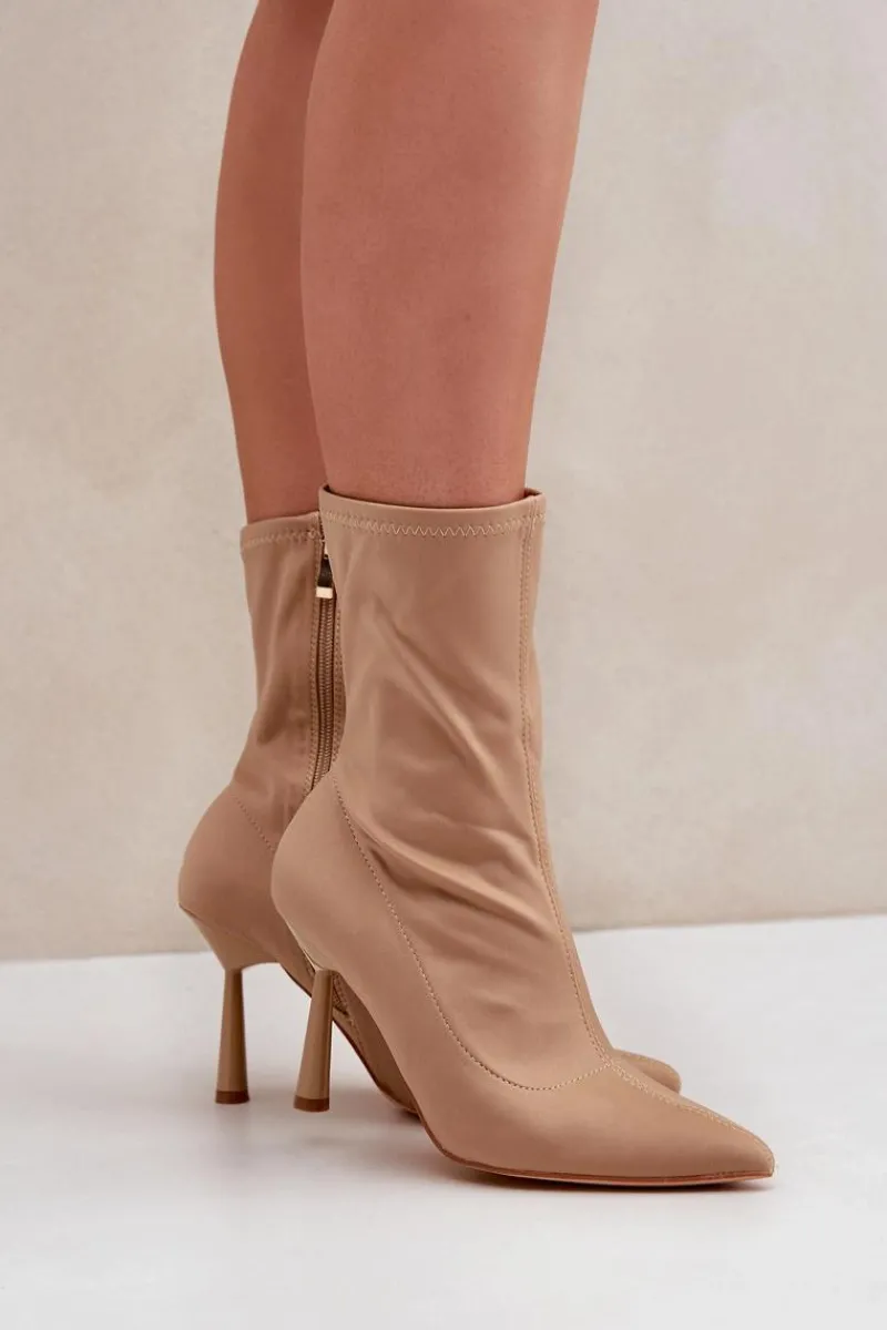 Clearance Materiałowe Botki Na Szpilce Ciemnobeżowe Amune Damskie Brązowe I Beżowe Botki|Botki Na Obcasie