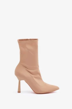 Clearance Materiałowe Botki Na Szpilce Ciemnobeżowe Amune Damskie Brązowe I Beżowe Botki|Botki Na Obcasie