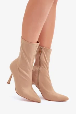 Clearance Materiałowe Botki Na Szpilce Ciemnobeżowe Amune Damskie Brązowe I Beżowe Botki|Botki Na Obcasie