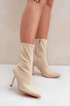 New Boto Materiałowe Botki Na Szpilce Jasnobeżowe Amune Beżowy