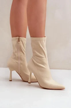 New Boto Materiałowe Botki Na Szpilce Jasnobeżowe Amune Beżowy