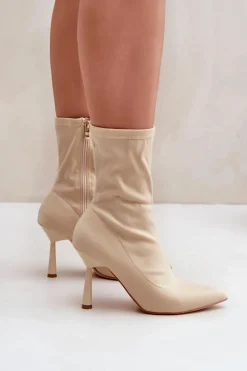 New Boto Materiałowe Botki Na Szpilce Jasnobeżowe Amune Beżowy
