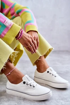 New Materiałowe Damskie Tenisówki Big Star KK274017 Białe Damskie Trampki Damskie Big Star|Trampki Damskie Niskie