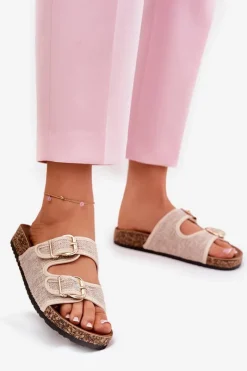 Best Boto Materiałowe Klapki Damskie Na Korkowej Platformie Z Klamrami Beżowe Osoffe Beżowy