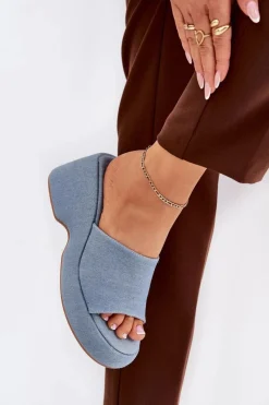 Boto Materiałowe Klapki Damskie Na Platformie I Koturnie Jeansowe Afisal Niebieski