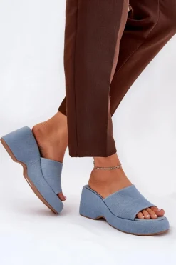 Boto Materiałowe Klapki Damskie Na Platformie I Koturnie Jeansowe Afisal Niebieski