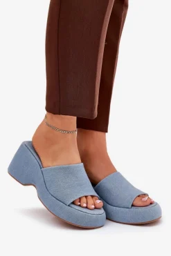 Boto Materiałowe Klapki Damskie Na Platformie I Koturnie Jeansowe Afisal Niebieski