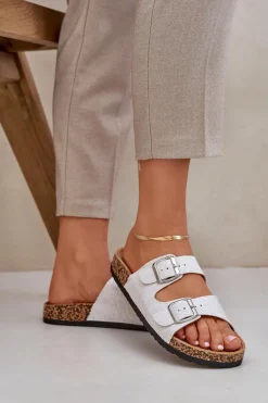 Online Boto Materiałowe Klapki Na Korkowej Podeszwie Z Klamrami Jasnoszare Atera