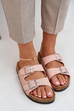 Outlet Boto Materiałowe Klapki Na Korkowej Podeszwie Z Klamrami Różowe Atera Różowy