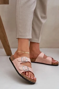 Outlet Boto Materiałowe Klapki Na Korkowej Podeszwie Z Klamrami Różowe Atera Różowy