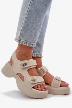 Clearance Materiałowe Lekkie Sandały Na Platformie Jasnobeżowe Deniffia Damskie Sandały Płaskie