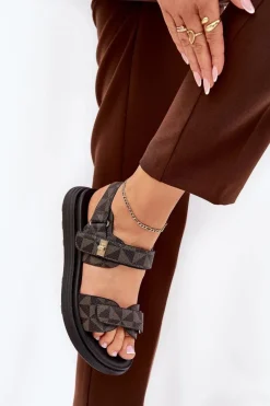 Best Materiałowe Sandały Damskie Na Platformie Czarno-Brązowe Leriot Damskie Sandały Płaskie