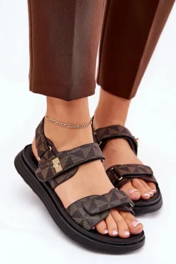 Best Materiałowe Sandały Damskie Na Platformie Czarno-Brązowe Leriot Damskie Sandały Płaskie