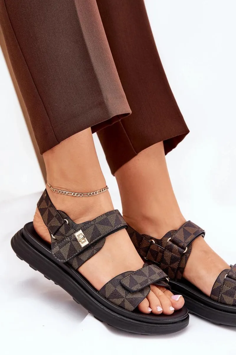 Best Materiałowe Sandały Damskie Na Platformie Czarno-Brązowe Leriot Damskie Sandały Płaskie