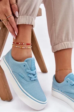 Sale Materiałowe Tenisówki Na Platformie Big Star LL274146 Jasnoniebieskie Damskie Trampki Damskie Big Star|Trampki Damskie Niskie