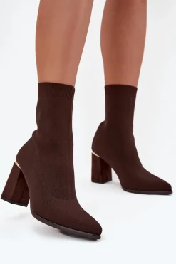 New Boto Materiałowe Wsuwane Botki Damskie Na Słupku Czekoladowe Virelle