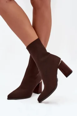 New Boto Materiałowe Wsuwane Botki Damskie Na Słupku Czekoladowe Virelle
