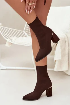 New Boto Materiałowe Wsuwane Botki Damskie Na Słupku Czekoladowe Virelle