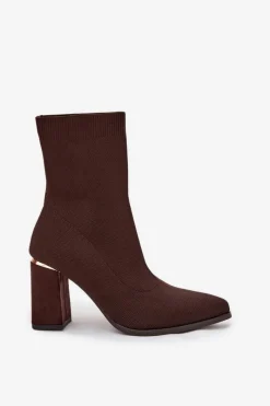 New Boto Materiałowe Wsuwane Botki Damskie Na Słupku Czekoladowe Virelle