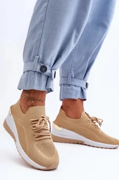 Sneakersy Damskie>Boto Materiałowe Wsuwane Buty Sportowe Na Koturnie Beżowe Visconti Beżowy