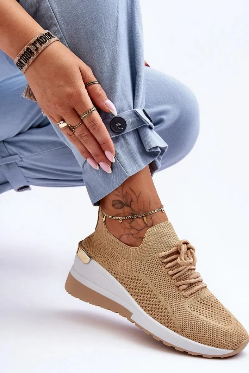 Sneakersy Damskie>Boto Materiałowe Wsuwane Buty Sportowe Na Koturnie Beżowe Visconti Beżowy