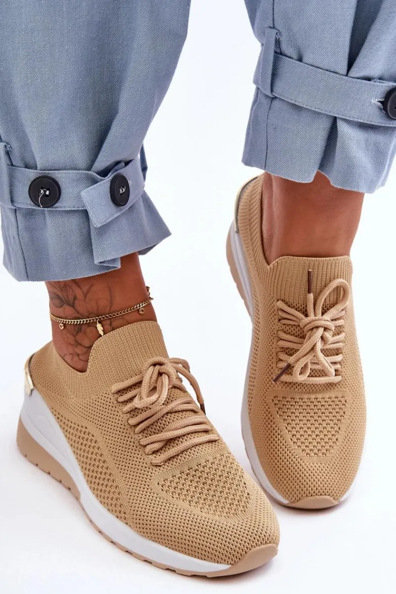 Sneakersy Damskie>Boto Materiałowe Wsuwane Buty Sportowe Na Koturnie Beżowe Visconti Beżowy