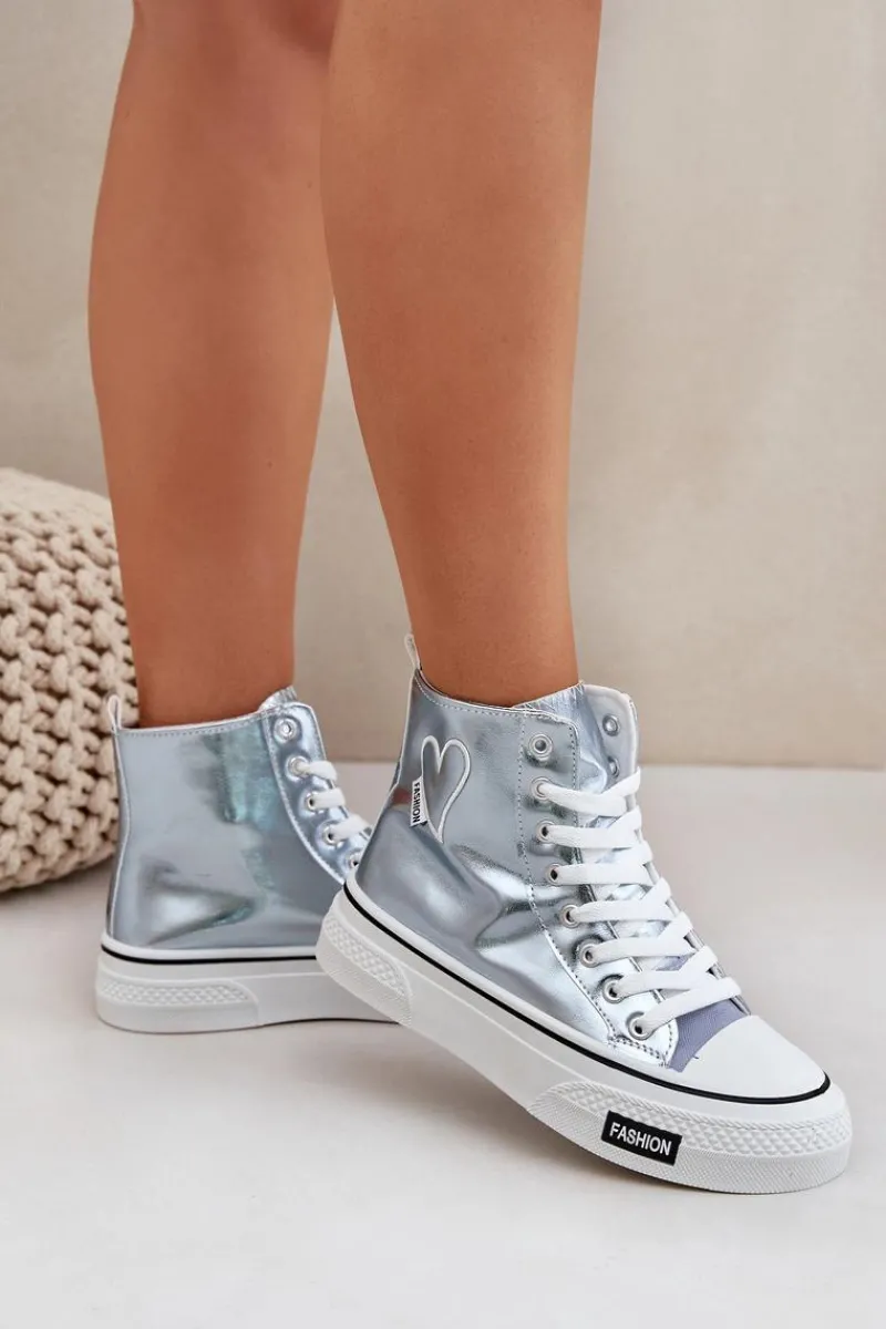 Metaliczne Wysokie Trampki Damskie Z Serduszkiem Niebieskie Sumehra Damskie Trampki Damskie Wysokie