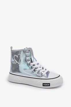 Metaliczne Wysokie Trampki Damskie Z Serduszkiem Niebieskie Sumehra Damskie Trampki Damskie Wysokie